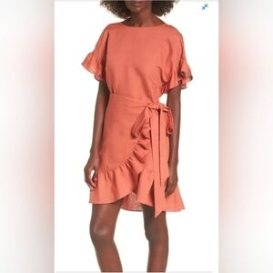 Astr The Label Ruffle Linen Blend Wrap Dress In Spice, Size Small